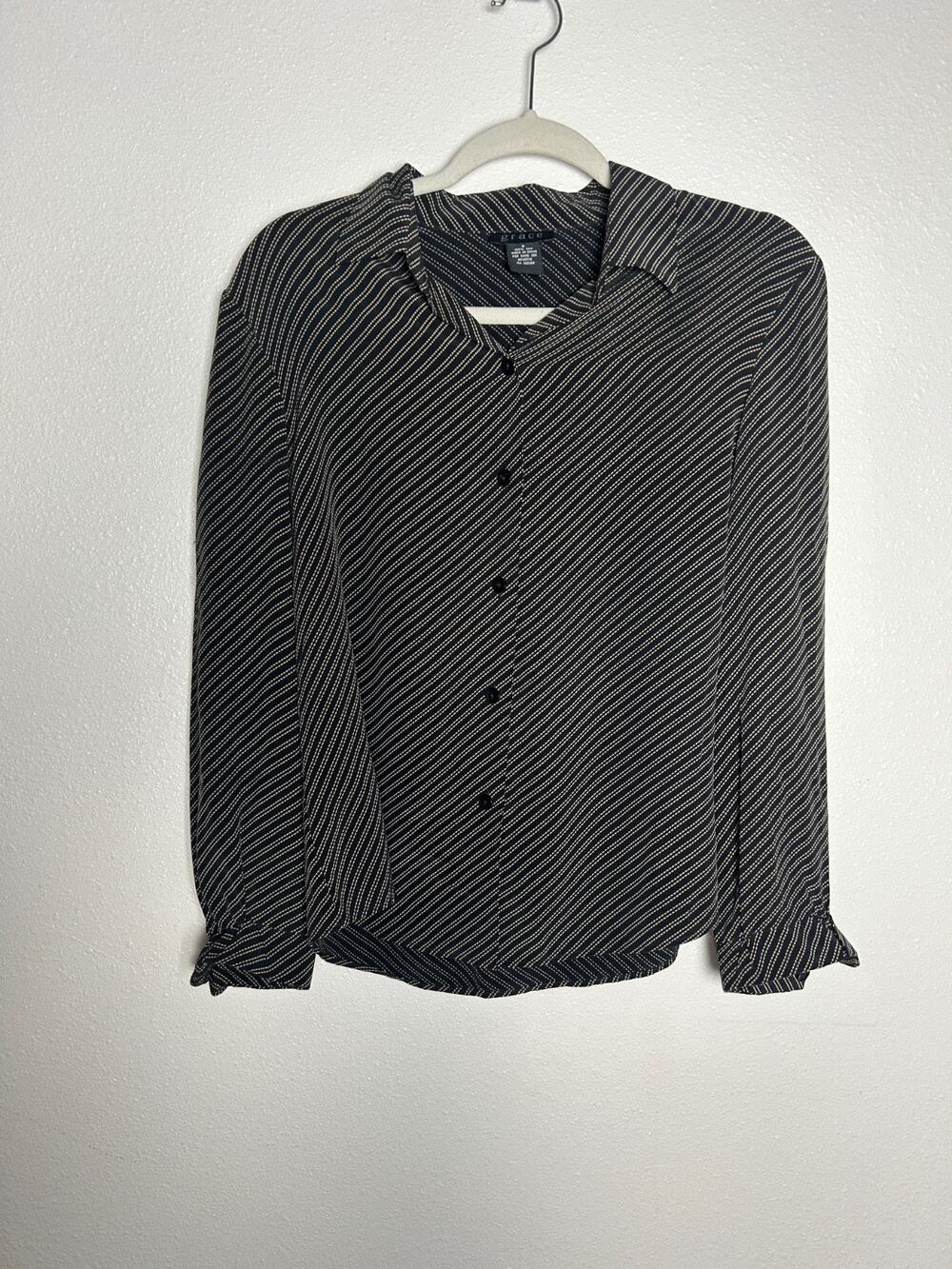 Grace Blouse Silk Top Button Down Size 8 Black & Beige Striped